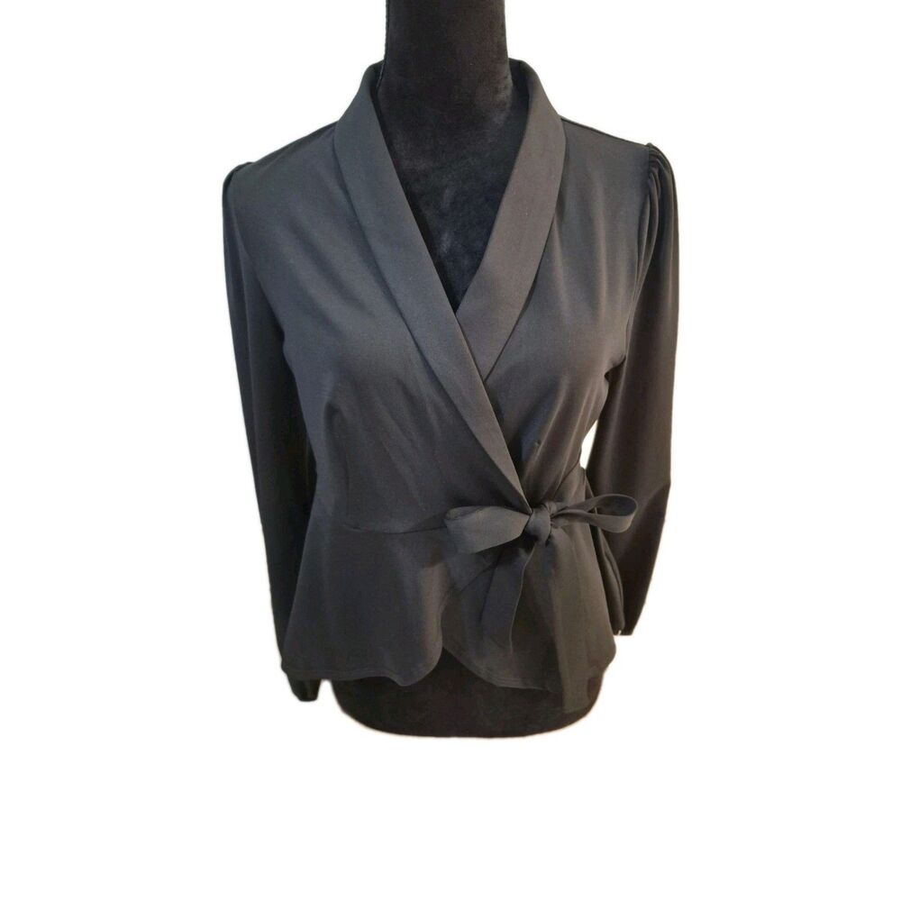 NWT Halara Shawl Collar Wrapped Tie Side Ruffle Hem Top Blouse Minimalist Office